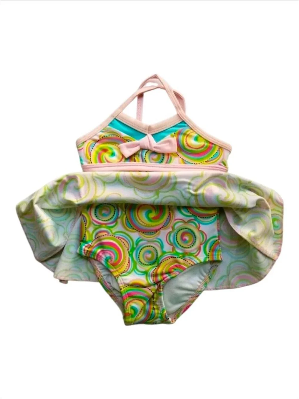 Baby Girls Swirl Patterned One-Piece Swimsuit With Bow Accent & Skirt Overlay